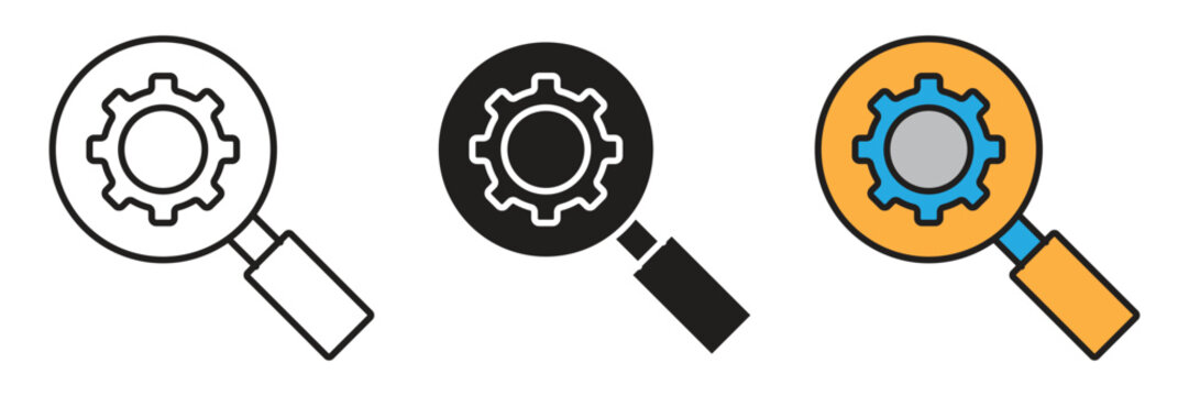 Magnifying Glass Icon And Search Engine Process. Process optimization research search icon set showcasing a traditional magnifying glass tool exploring a central mechanical cogwheel gear vector.