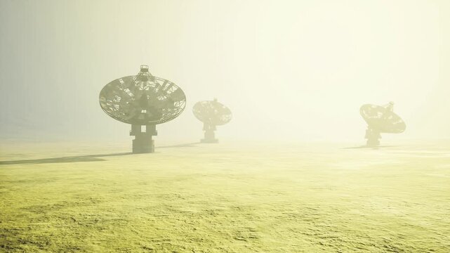 Sunlit receiver row piercing mist on rolling field, twin dishes lead eye toward distant horizon, warm haze and cinematic science mood with subtle contrast.