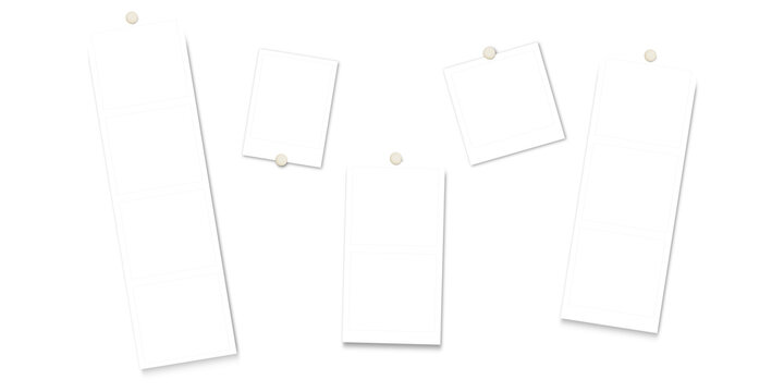 Hanging photo booth frame templates with pins isolated on transparent background. Blank instant film strips and polaroid mockups for memories, events and scrapbook designs
