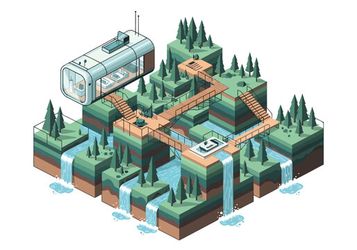 Futuristic eco-friendly city built on layered terrain with waterfalls and lush greenery.