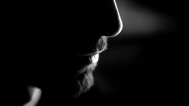 Dramatic silhouette of a bearded person in black and white