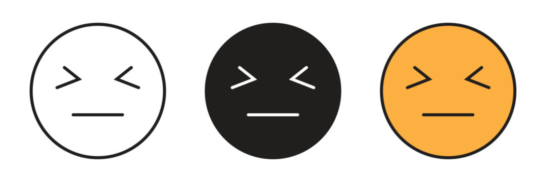 Neutral Expression Facial Icon Or Squinting Neutral Emoji. Simple round character emoticon face icon vector set showcasing tight squinting eyes paired with a straight neutral mouth outline design.
