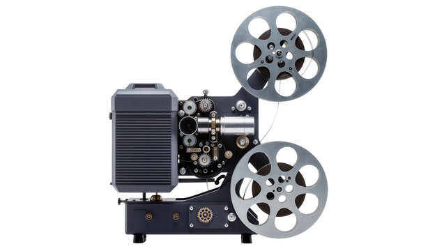 Vintage film projector with two reels and intricate gears
