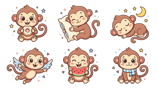 Cute Monkey Character Set with Food and Accessories, Cartoon Style