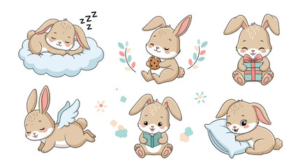 Fototapeta premium Cute Cartoon Bunny Set Posing with Cookies, Gifts, and Books