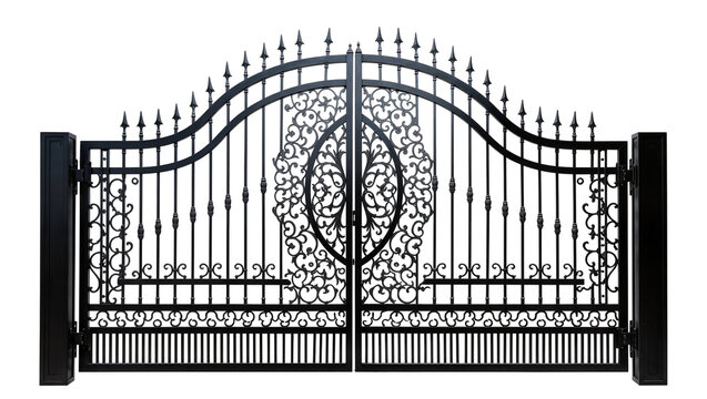 Black ornate wrought iron double gate with decorative scrollwork and finials