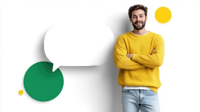 Small Business Owner Standing Confidently with Huge Blank Speech Bubble, Friendly Entrepreneur, Modern Casual Clothing, Commercial Advertising Concept

