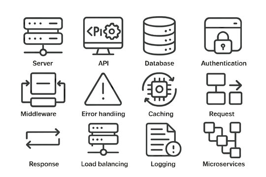 Server api database icons representing middleware and microservices concepts