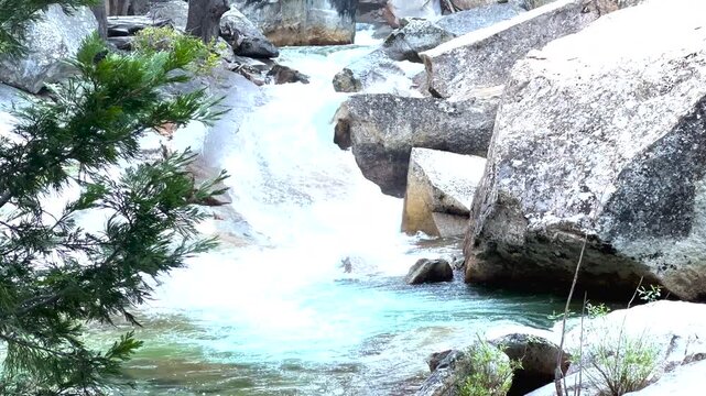Water Cascades over Boulders in Kings River of Kings Canyon National Park