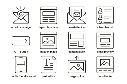 Email marketing icons - layout, newsletter, subscriber, mobile, preview