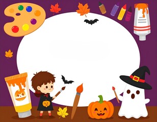 Fototapeta premium Blank canvas surrounded by Halloween art supplies and seasonal characters 