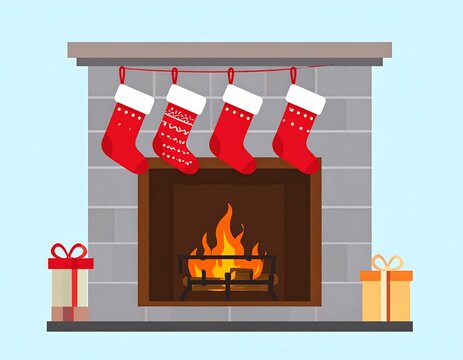 Cartoon depiction of a decorated fireplace, with hanging stockings, gifts, and a glowing fire inside