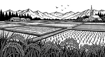 Fototapeta premium Lush Rice Paddy Fields Under Majestic Mountains with Birds Soaring Above