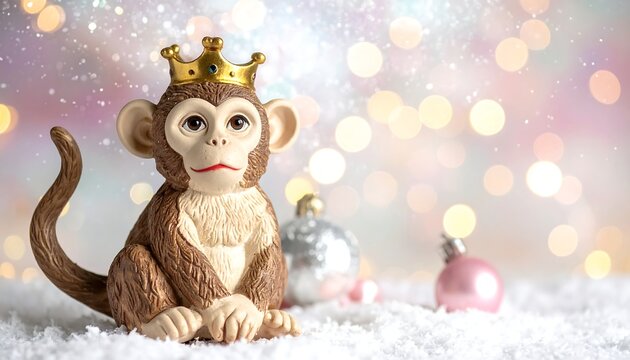 A toy monkey in a crown sits on snow with ornaments