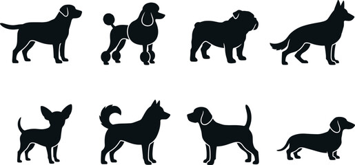 Dog Breed Silhouette Icon Set with Labrador, Poodle, Bulldog, German Shepherd, Chihuahua, Beagle, and Dachshund for Pet Designs © MdImran