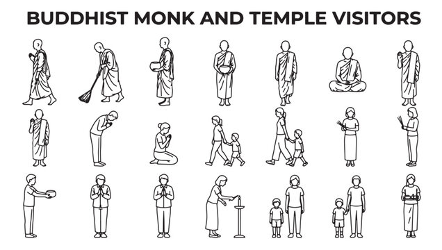 Buddhist Monk and Temple Visitors Line Art Collection &ndash; Prayer, Meditation and Cultural Ritual Illustration Set