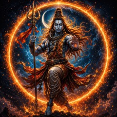 Fototapeta premium Celestial lord shiva dancing within ring of fire against starry nebula and crescent moon.