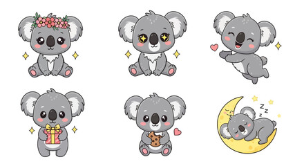 Obraz premium Cute Cartoon Koala Sticker Set with Flower Crown and Moon
