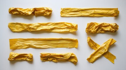 Fototapeta premium Collection of crumpled yellow plastic tape strips isolated on white background for design.