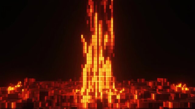 Glowing orange fire blocks rising upward in a dynamic digital motion video animation loop effect