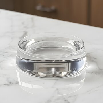 Transparent glass pet water bowl half-filled with water on marble countertop