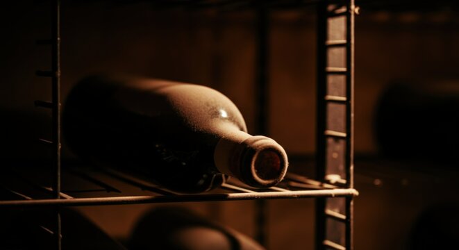 Wine bottle placed on a shelving unit in a dimly lit cellar environment