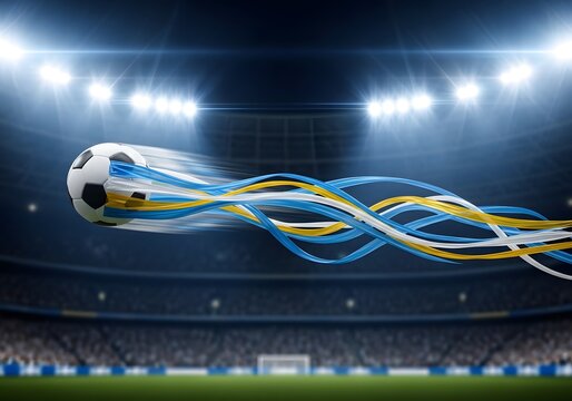 Flying soccer ball leaving colorful light trails in dark stadium background