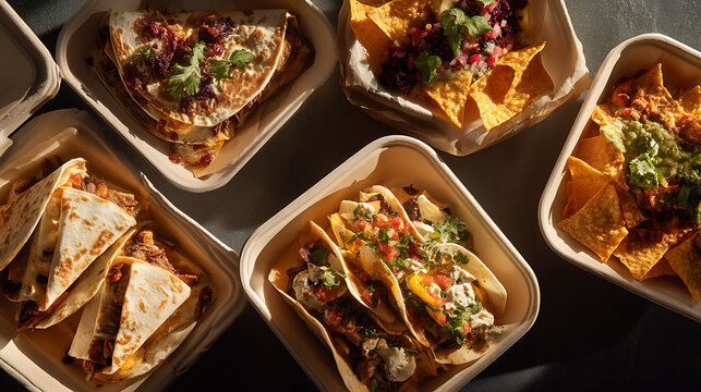 Mexican takeout food, Quesadillas with steak and cheese, pork tacos, and nachos