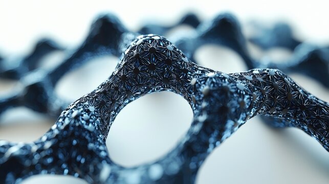Macro shot of carbon nanotube fibers with a dark metallic sheen and blue reflections
