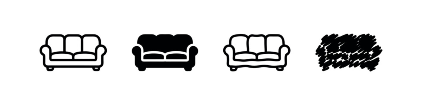 Comfortable sofa couch furniture icon set. Living room seating glyph icons. Home interior lounge symbols.