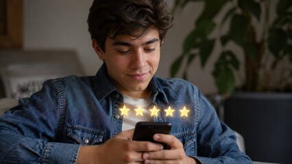 Fototapeta premium Young man in denim jacket holding smartphone with five star rating.