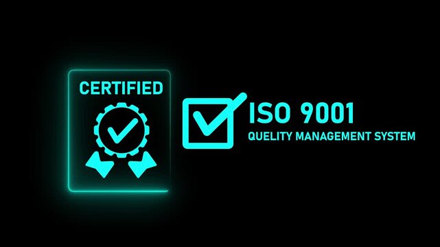 I s o 9001 management certification seal glowing blue green background corporate compliance standard