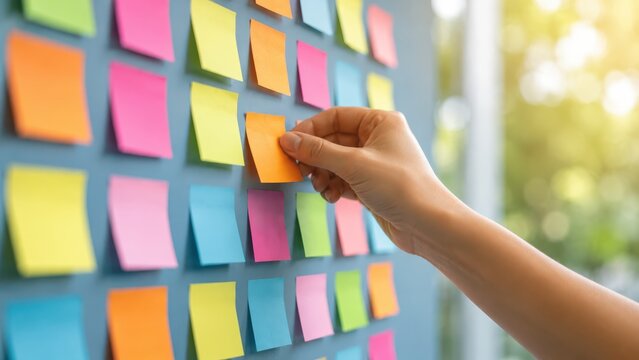 Hand placing sticky note on wall filled with colorful paper reminders for office planning.