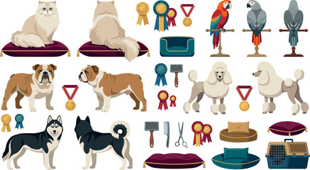 Pet Show Winner Collection with Cats Dogs Parrots Awards Grooming Tools and Accessories for Animal Lovers Vector Set © MdImran