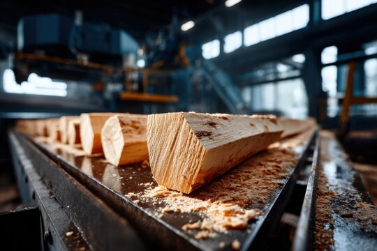 Freshly cut logs on a conveyor belt in a sawmill with machinery in soft focus, capturing the timber processing industry.