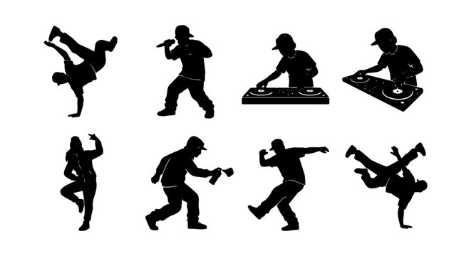 Hip Hop Dancers, DJ, Graffiti Artist Silhouettes Vector Set