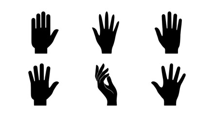 Fototapeta premium Set of 6 Black Silhouette Hand Icons, Diverse Poses, Vector Graphics