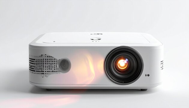A modern mini projector mockup with glowing lens on a surface