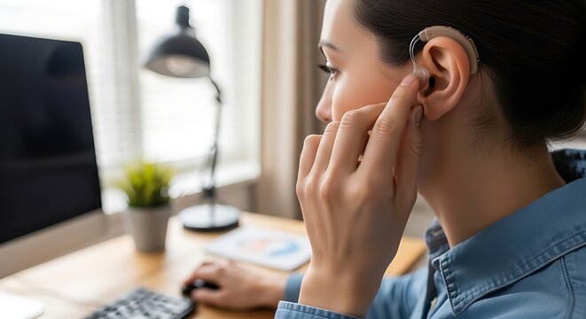 Woman with hearing aid working at computer desk in office or home
