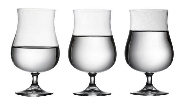 Three clear brandy snifter glasses with water