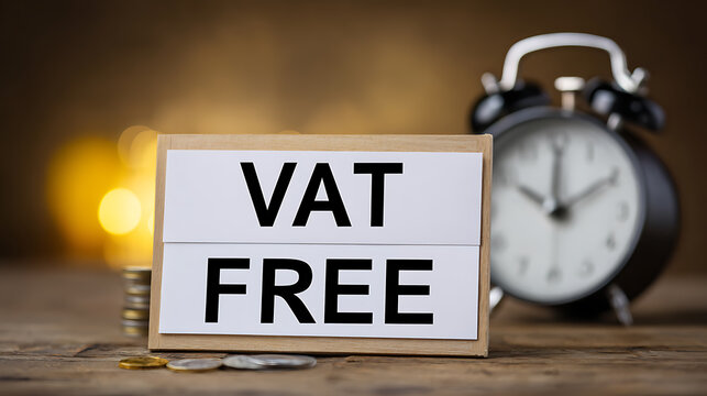 VAT Free Concept with Flip Card, Coins, and Alarm Clock on Wooden Table. Time-Sensitive Financial Savings and Tax Exemption Opportunity