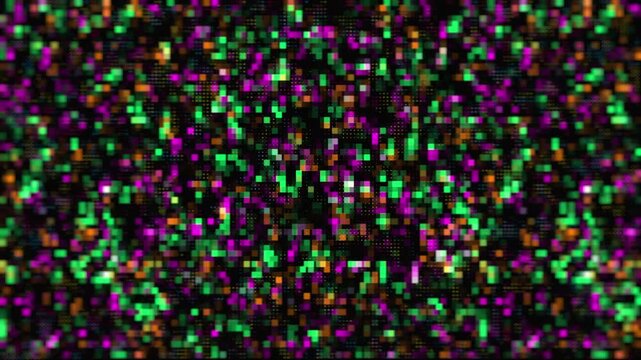 Abstract digital pixel grid animation featuring vibrant green purple and orange flickering squares with a subtle bokeh effect for modern technology and data background