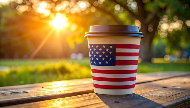American Flag Design Coffee Cup Resting on a Wooden Bench at Golden Hour