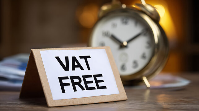 VAT Exempt: Desk Sign with Bold Text and Vintage Alarm Clock in Warm Light, Concept of Tax Savings and Financial Opportunity