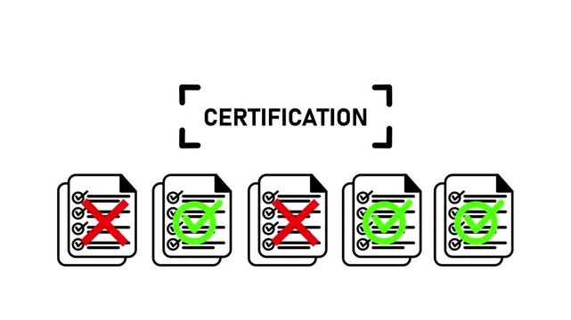 Animated certification seal with checkmark green ticks and red crosses on white background for