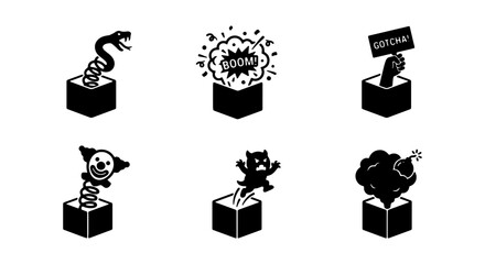 Surprise Box Icons: Jack-in-the-Box, Boom, Gotcha, Cat, Clown, Explosion Vectors © Sohel