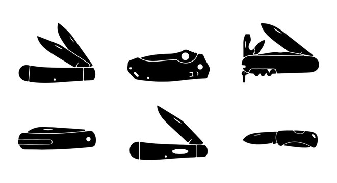Pocket Knife Silhouettes, Folding Blades, Multi-tool Icons, Outdoor Gear Vector Set