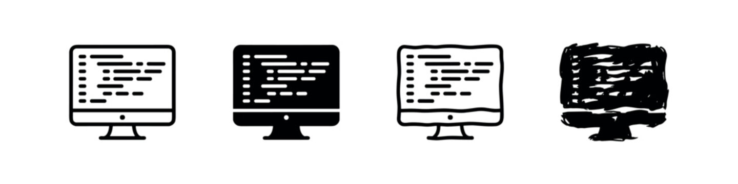 Computer monitor displaying programming code or data icon set, for IT and development themes.