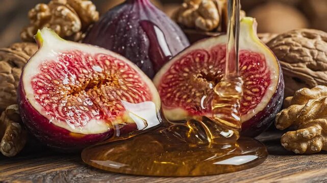 Close-up of golden viscous honey dripping over halved fresh figs and shelled walnuts on a dark wooden surface, detailed texture of fruit pulp and nuts in warm natural lighting.