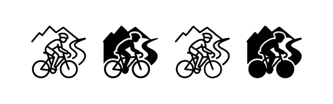 Person cycling on a mountain road or trail icon set, depicting outdoor adventure and sport.
